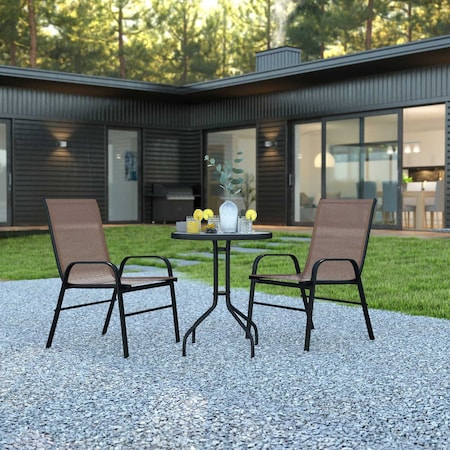 Flash Furniture 3PC Patio Set-23.75RD Glass Table, 2 Brown Chairs TLH-0701303C-BN-GG